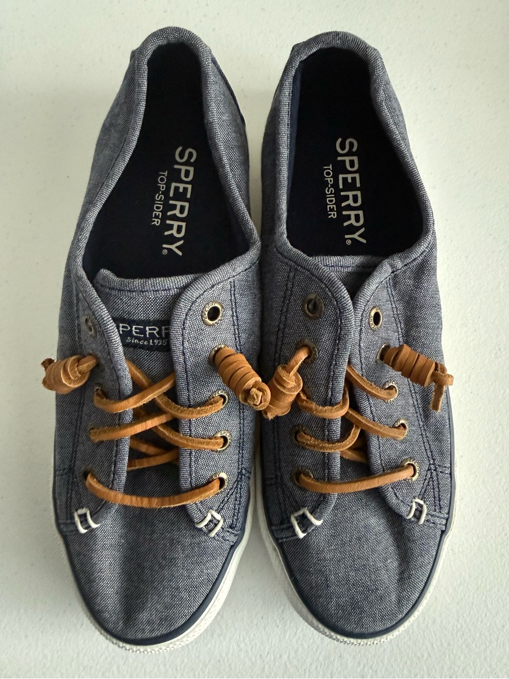 Sperry Gray Canvas Boat Shoes with Tan Leather Laces